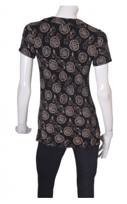 Top negru print bej Peppercorn, guler cu funda, marime 38